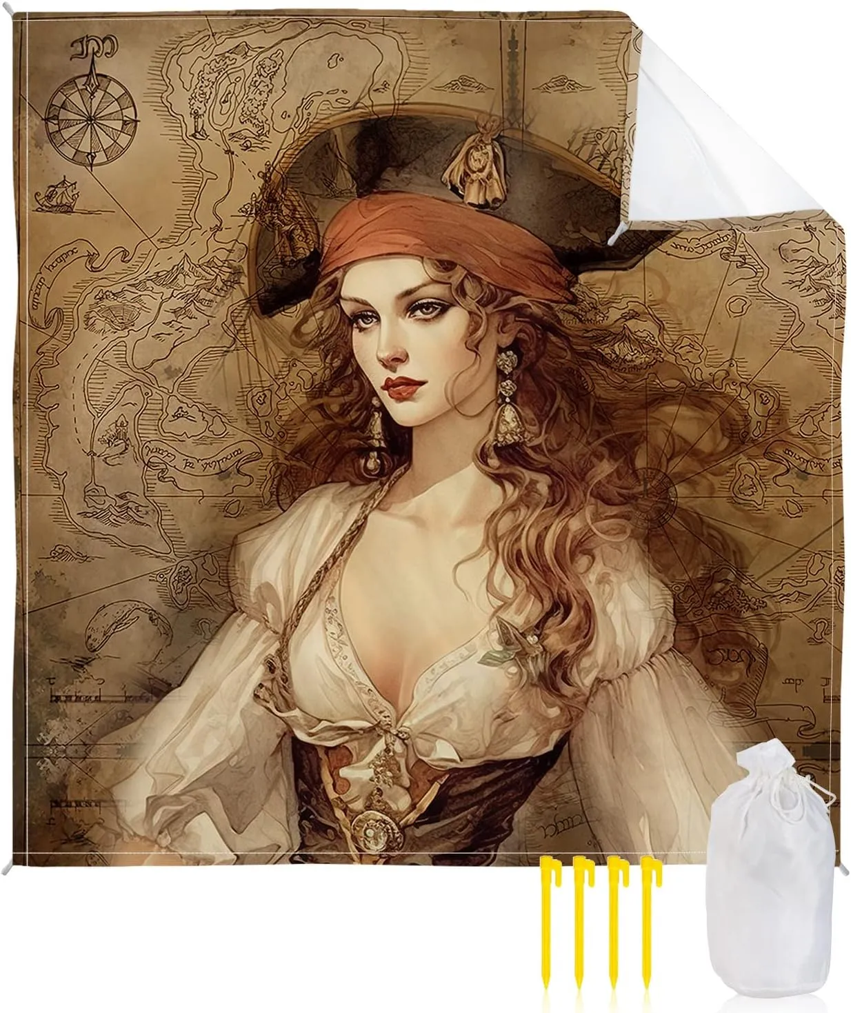 Beach Blanket Sandproof, Pirate Girl Treasure Route Map Waterproof Beach Mat Lightweight Quick Drying Picnic Blanket Beach Essentials for Travel Camping Hiking 83x79in