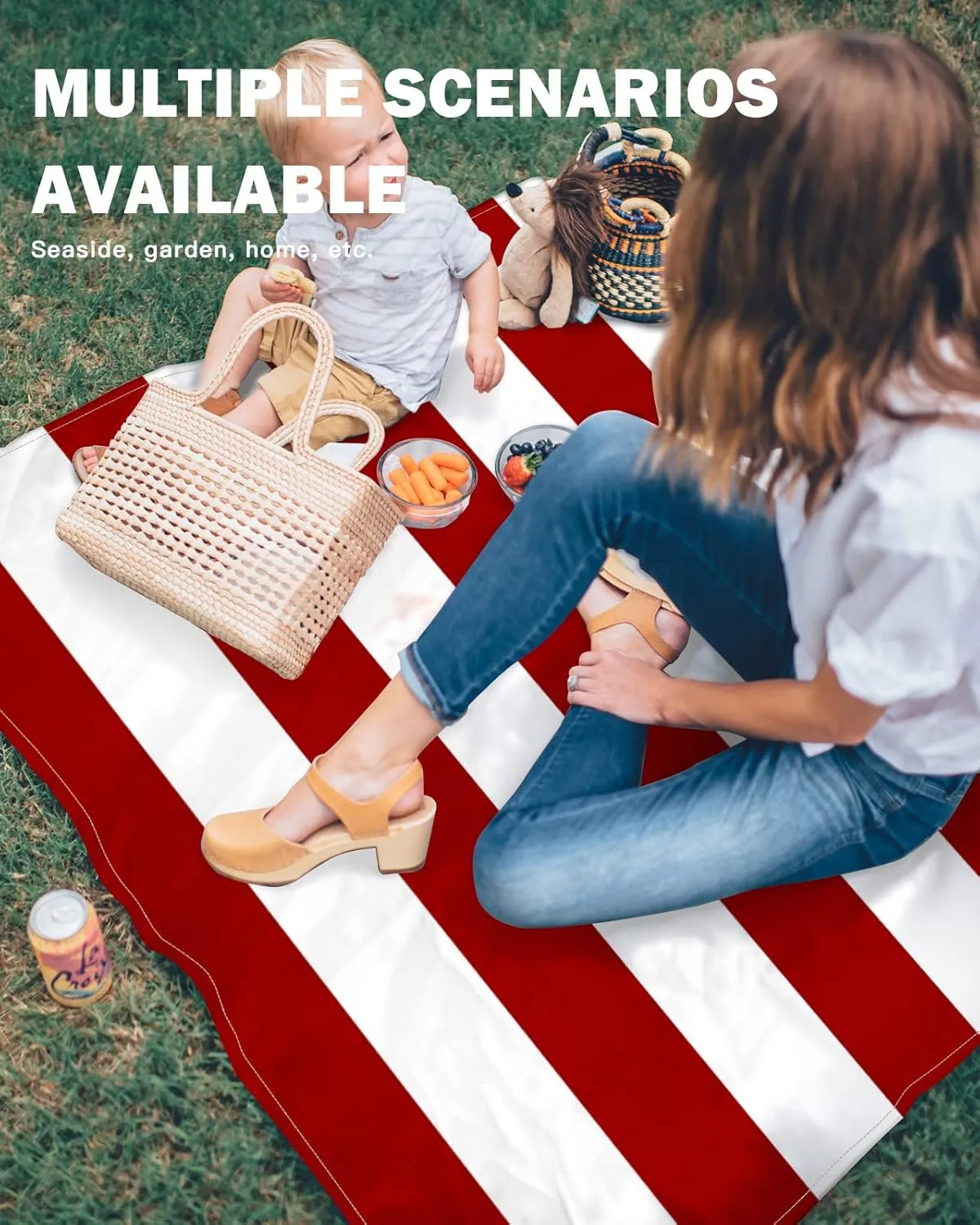 Beach Blanket Sandproof, Red and White Stripe Waterproof Beach Mat Lightweight Quick Drying Picnic Blanket Beach Essentials for Travel Camping Hiking 118x108in