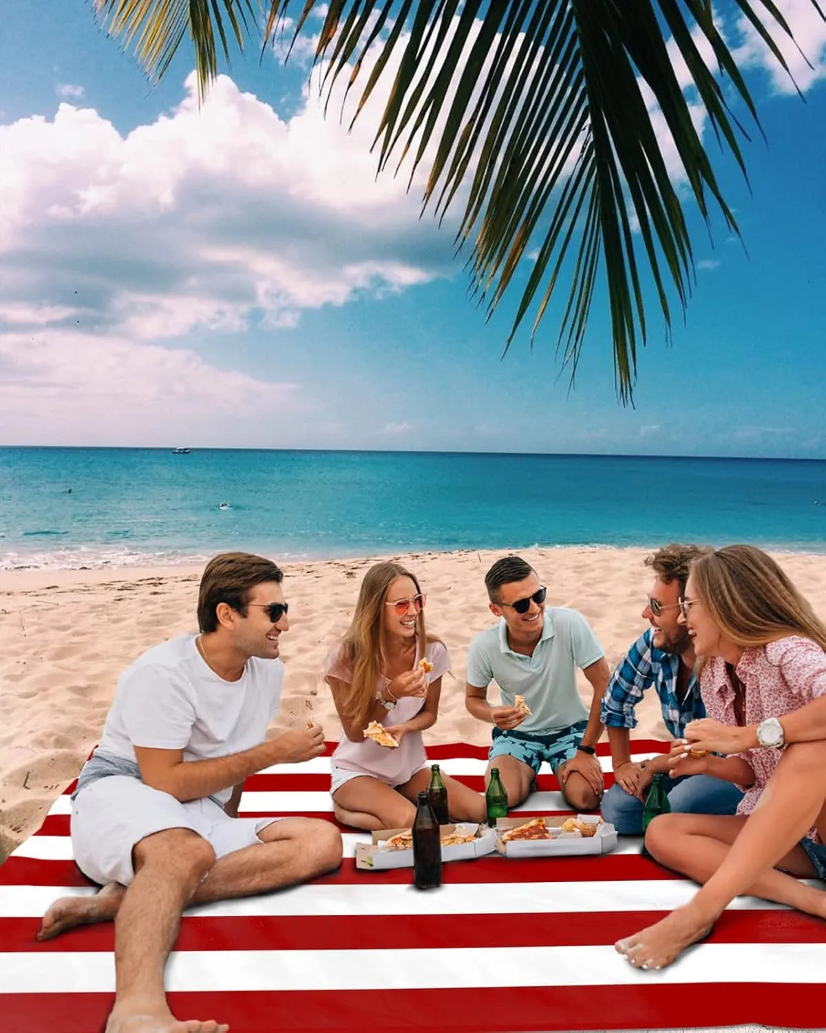 Beach Blanket Sandproof, Red and White Stripe Waterproof Beach Mat Lightweight Quick Drying Picnic Blanket Beach Essentials for Travel Camping Hiking 118x108in