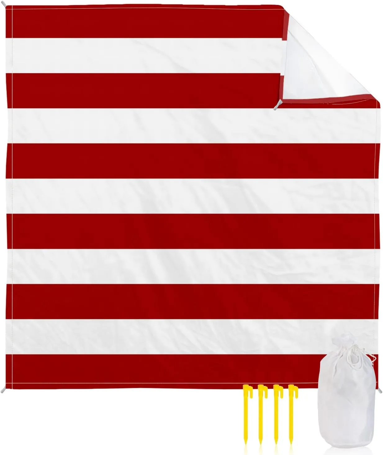 Beach Blanket Sandproof, Red and White Stripe Waterproof Beach Mat Lightweight Quick Drying Picnic Blanket Beach Essentials for Travel Camping Hiking 118x108in