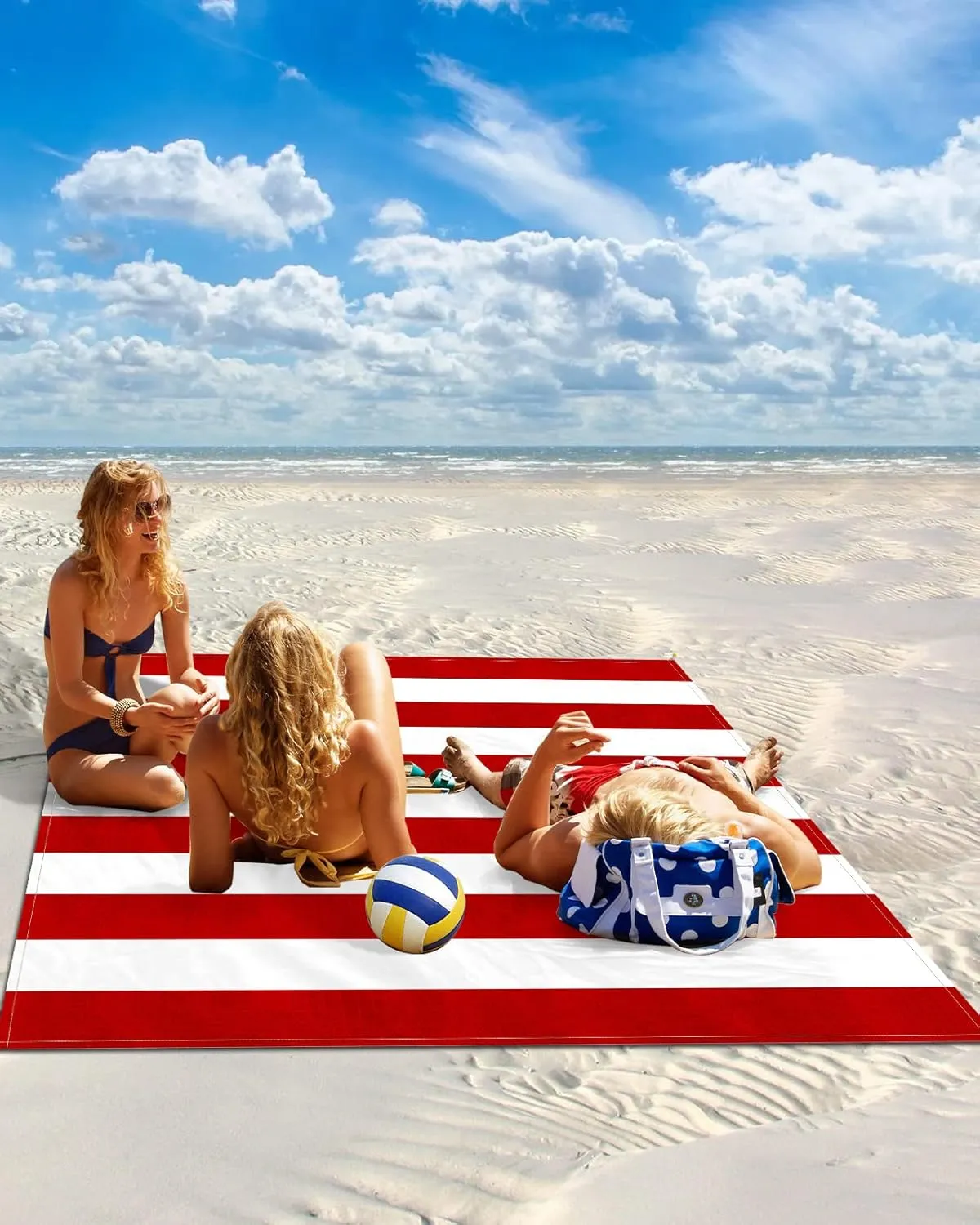 Beach Blanket Sandproof, Red and White Stripe Waterproof Beach Mat Lightweight Quick Drying Picnic Blanket Beach Essentials for Travel Camping Hiking 118x108in