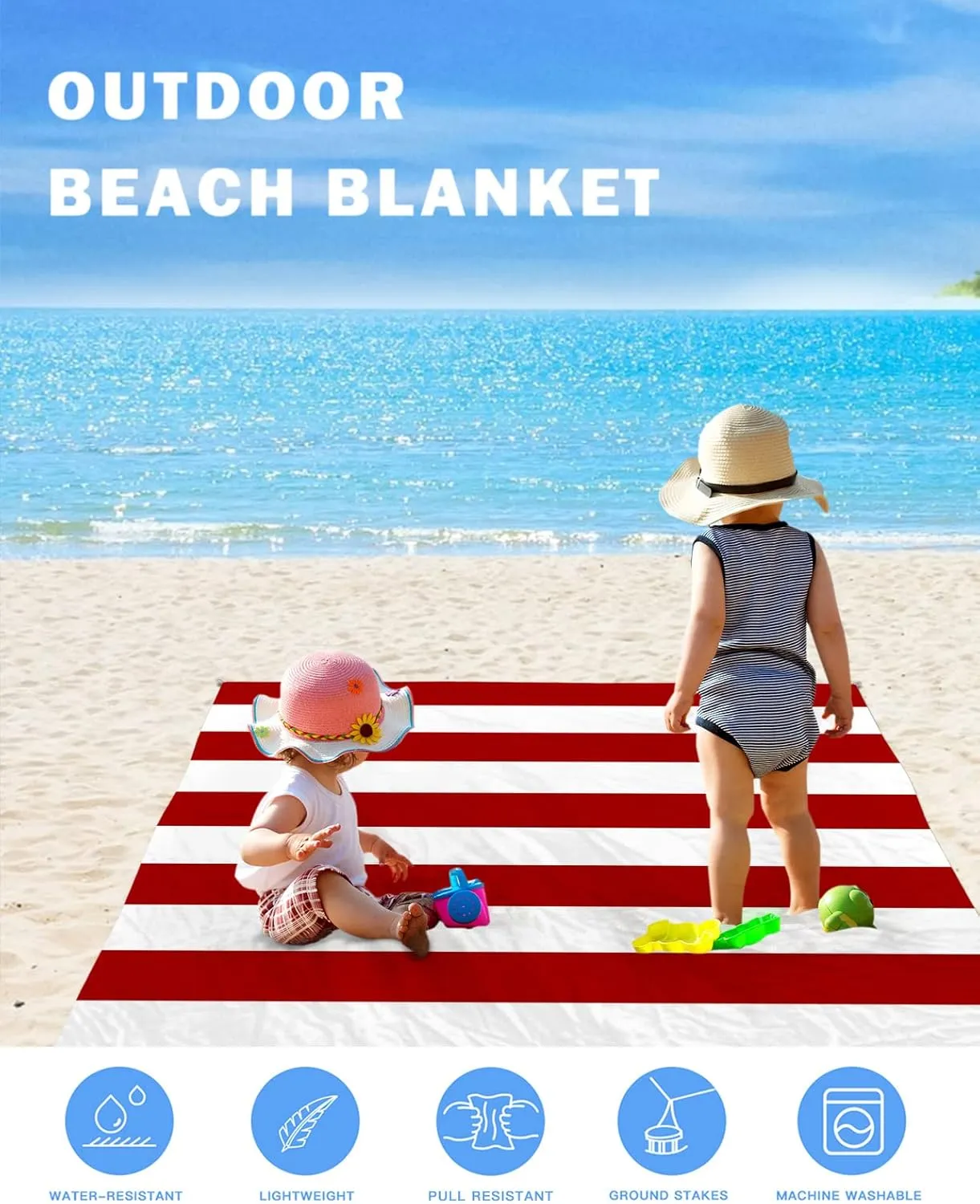 Beach Blanket Sandproof, Red and White Stripe Waterproof Beach Mat Lightweight Quick Drying Picnic Blanket Beach Essentials for Travel Camping Hiking 118x108in