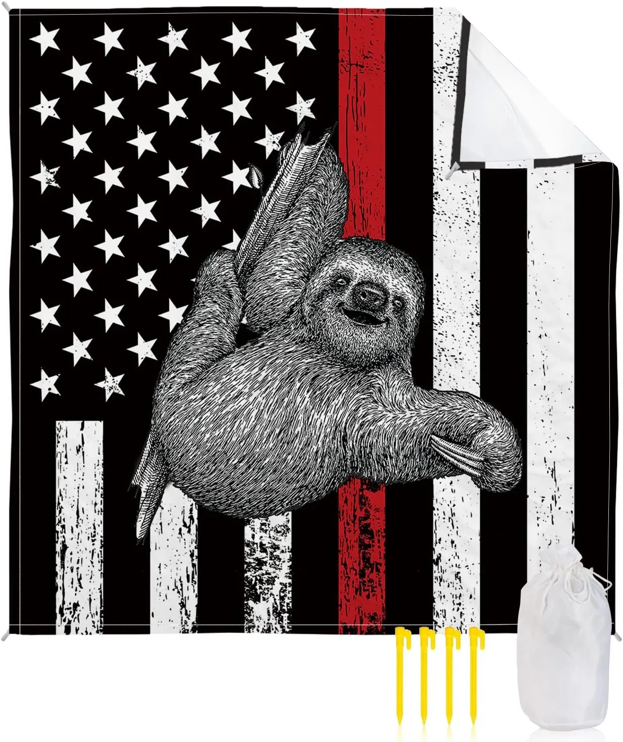 Beach Blanket Sandproof, Red Line American Flag Sloth Waterproof Beach Mat Lightweight Quick Drying Picnic Blanket Beach Essentials for Travel Camping Hiking 83x79in