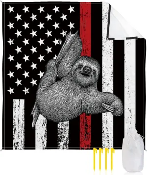 Beach Blanket Sandproof, Red Line American Flag Sloth Waterproof Beach Mat Lightweight Quick Drying Picnic Blanket Beach Essentials for Travel Camping Hiking 83x79in