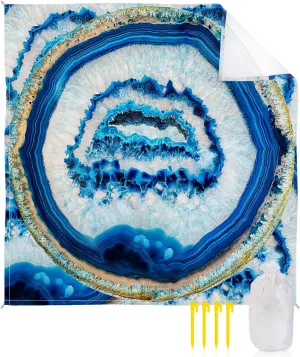Beach Blanket Sandproof, Retro Abstract Blue White Agate Texture Waterproof Beach Mat Lightweight Quick Drying Picnic Blanket Beach Essentials for Travel Camping Hiking 108x84in