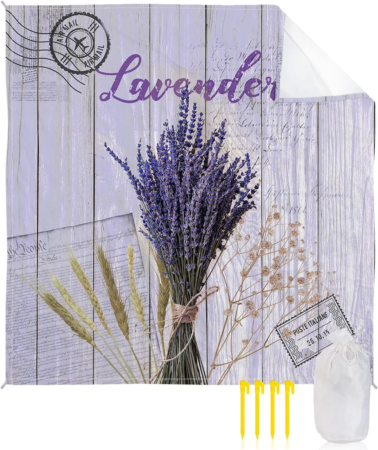 Beach Blanket Sandproof, Retro Farmhouse Lavender Light Blue Wood Grain Waterproof Beach Mat Lightweight Quick Drying Picnic Blanket Beach Essentials for Travel Camping Hiking 118x108in