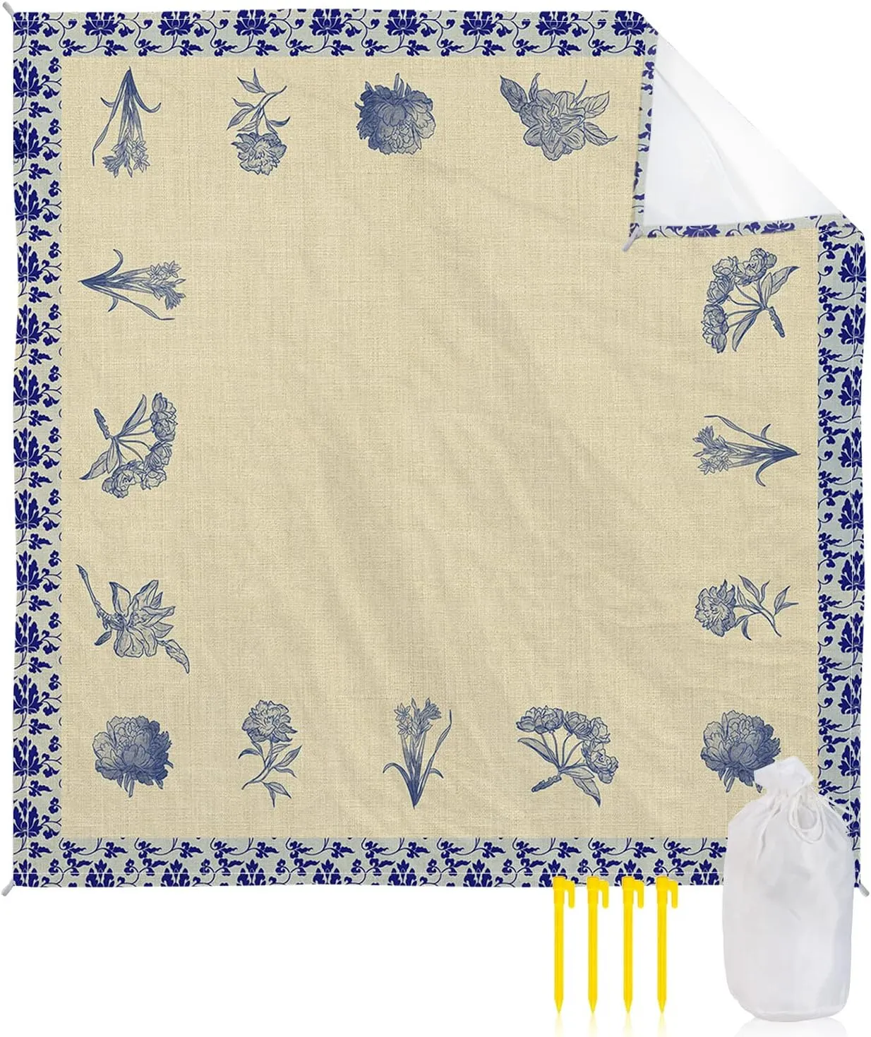 Beach Blanket Sandproof, Retro Porcelain Blue Flower Floral Waterproof Beach Mat Lightweight Quick Drying Picnic Blanket Beach Essentials for Travel Camping Hiking 95x80in