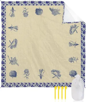Beach Blanket Sandproof, Retro Porcelain Blue Flower Floral Waterproof Beach Mat Lightweight Quick Drying Picnic Blanket Beach Essentials for Travel Camping Hiking 95x80in