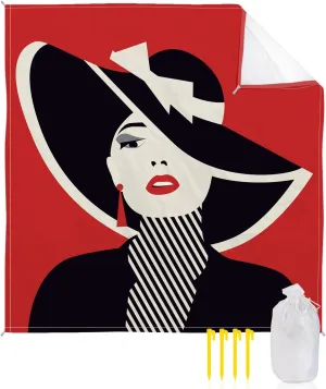 Beach Blanket Sandproof, Sexy Woman with Black Hat on Red Waterproof Beach Mat Lightweight Quick Drying Picnic Blanket Beach Essentials for Travel Camping Hiking 118x108in