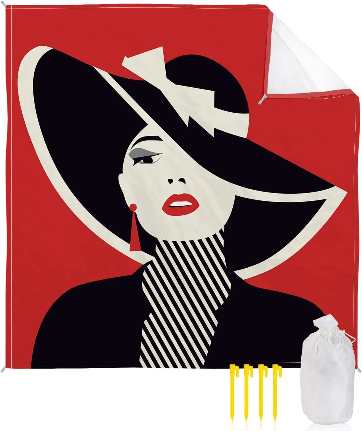 Beach Blanket Sandproof, Sexy Woman with Black Hat on Red Waterproof Beach Mat Lightweight Quick Drying Picnic Blanket Beach Essentials for Travel Camping Hiking 118x108in