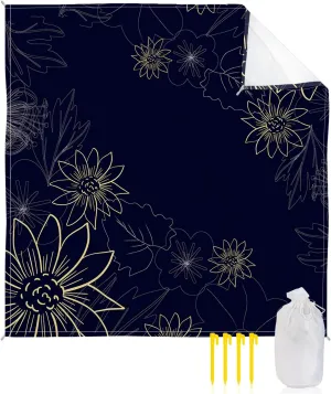 Beach Blanket Sandproof, Simple Flower and Plant on Black Waterproof Beach Mat Lightweight Quick Drying Picnic Blanket Beach Essentials for Travel Camping Hiking 108x84in