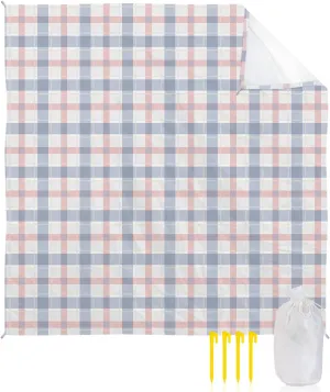 Beach Blanket Sandproof, Simple Teal Red Geometric Buffalo Plaid Waterproof Beach Mat Lightweight Quick Drying Picnic Blanket Beach Essentials for Travel Camping Hiking 108x84in