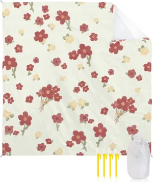 Beach Blanket Sandproof, Spring Red Flowers Watercolor Pattern Waterproof Beach Mat Lightweight Quick Drying Picnic Blanket Beach Essentials for Travel Camping Hiking 95x80in