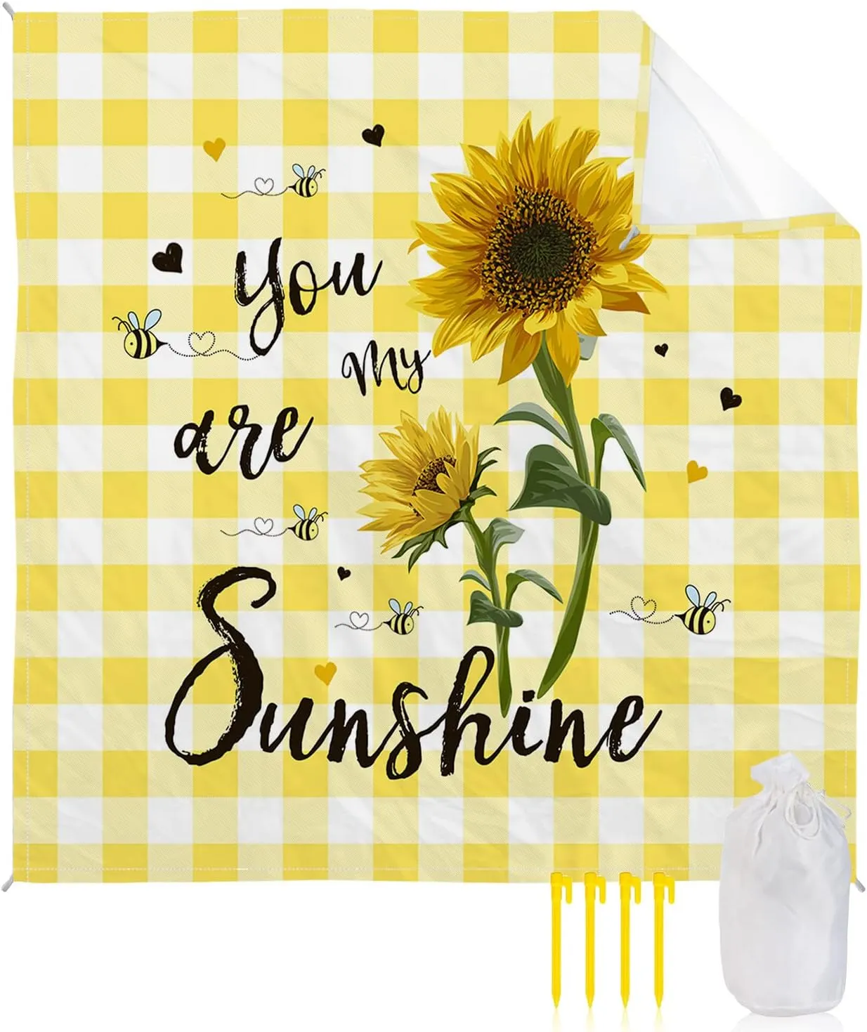 Beach Blanket Sandproof, Summer Farmhouse Sunflower Yellow Buffalo Plaid Waterproof Beach Mat Lightweight Quick Drying Picnic Blanket Beach Essentials for Travel Camping Hiking 95x80in