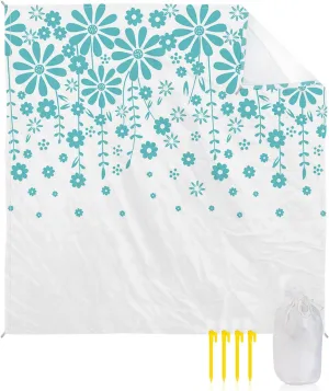 Beach Blanket Sandproof, Summer Plants Teal Flowers Waterproof Beach Mat Lightweight Quick Drying Picnic Blanket Beach Essentials for Travel Camping Hiking 108x84in