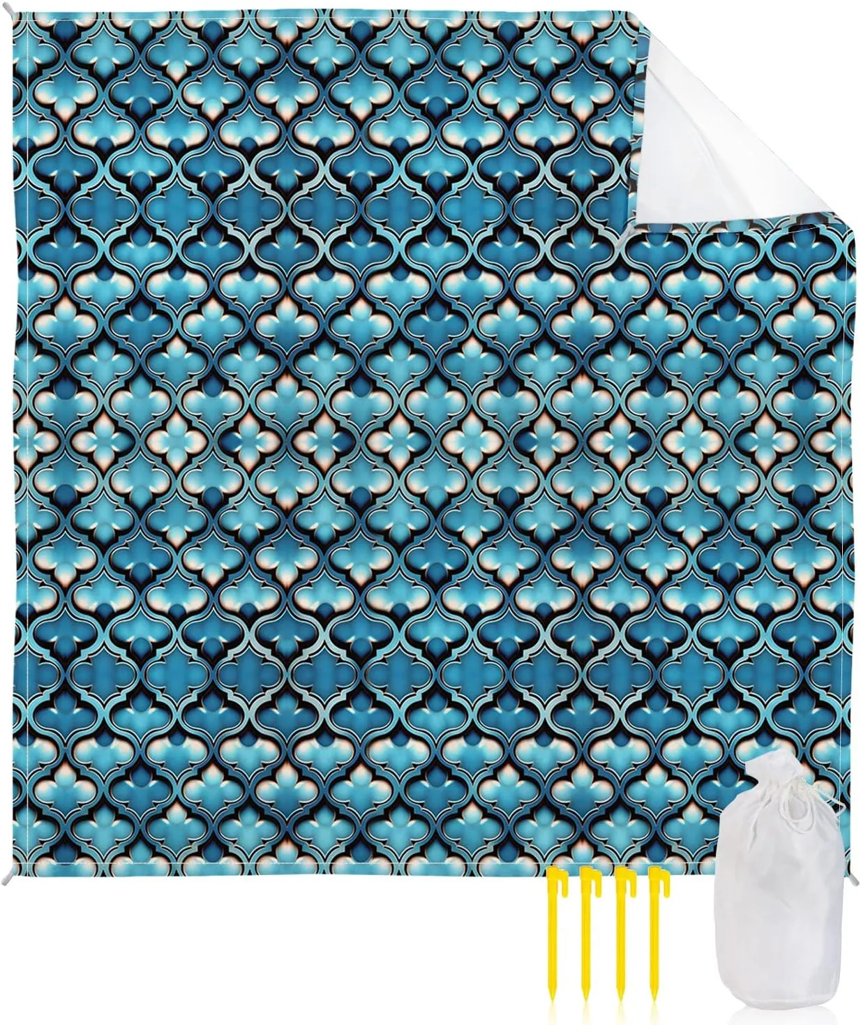 Beach Blanket Sandproof, Teal Gradient Abstract Flowers Geometric Texture Waterproof Beach Mat Lightweight Quick Drying Picnic Blanket Beach Essentials for Travel Camping Hiking 95x80in