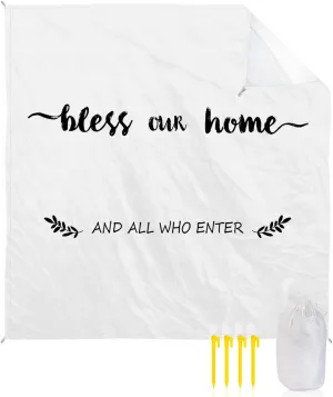 Beach Blanket Sandproof, Text Bless Our Home and Who Enter White Backdrop Waterproof Beach Mat Lightweight Quick Drying Picnic Blanket Beach Essentials for Travel Camping Hiking 118x108in