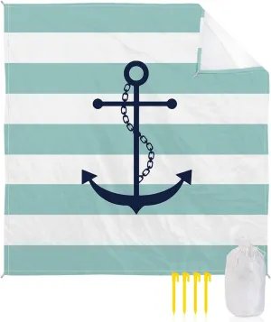 Beach Blanket Sandproof, Turquoise Nautical Anchor Geometric Stripes Pattern Waterproof Beach Mat Lightweight Quick Drying Picnic Blanket Beach Essentials for Travel Camping Hiking 83x79in