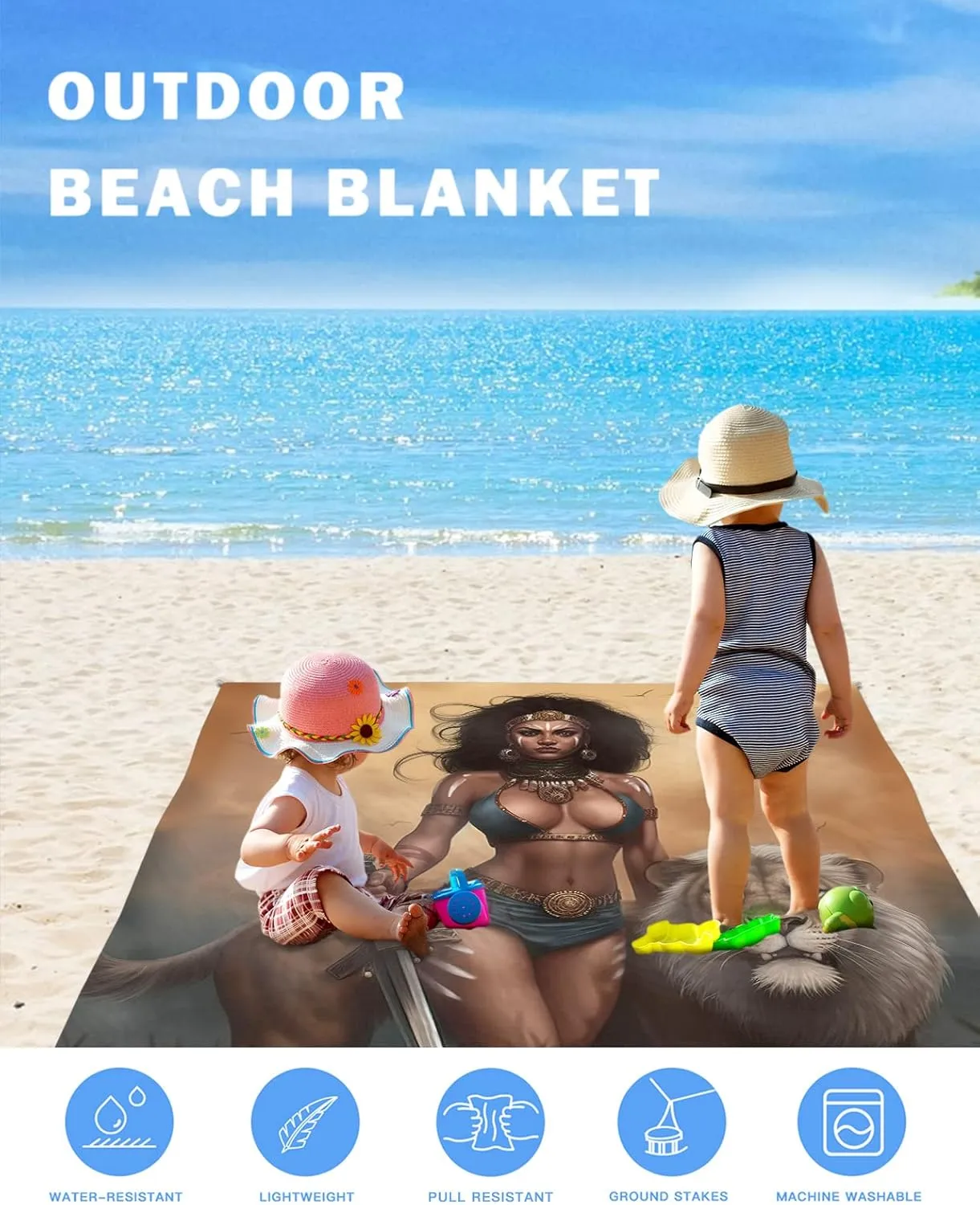Beach Blanket Sandproof, Valkyrie on The Prairie Llion and Warrior Woman Waterproof Beach Mat Lightweight Quick Drying Picnic Blanket Beach Essentials for Travel Camping Hiking 118x108in