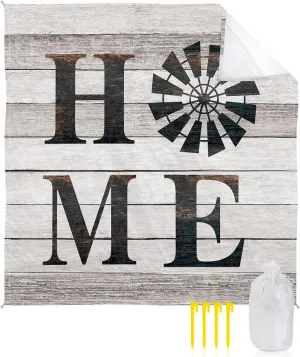 Beach Blanket Sandproof, Vintage Home Windmill Word on Rustic Wooden Grain Waterproof Beach Mat Lightweight Quick Drying Picnic Blanket Beach Essentials for Travel Camping Hiking 108x84in