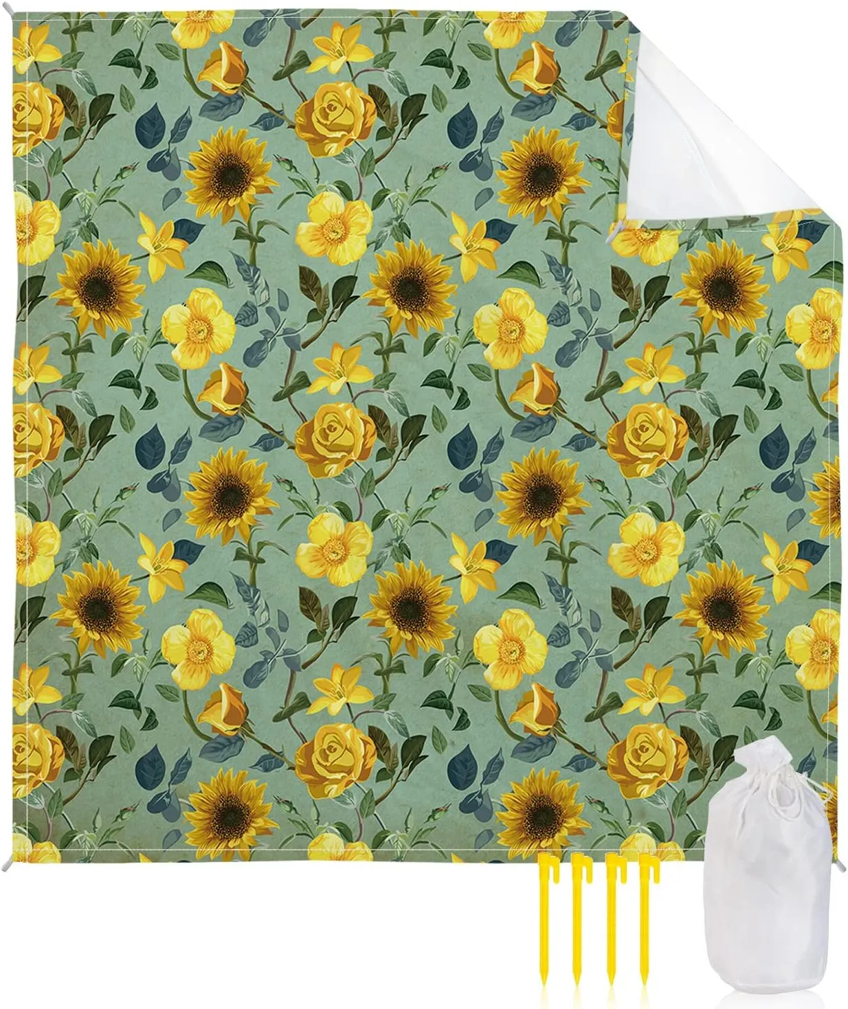 Beach Blanket Sandproof, Vintage Sunflowers Yellow Flowers Green Background Waterproof Beach Mat Lightweight Quick Drying Picnic Blanket Beach Essentials for Travel Camping Hiking 118x108in