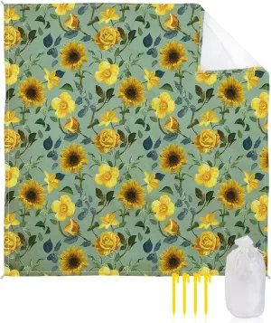 Beach Blanket Sandproof, Vintage Sunflowers Yellow Flowers Green Background Waterproof Beach Mat Lightweight Quick Drying Picnic Blanket Beach Essentials for Travel Camping Hiking 118x108in