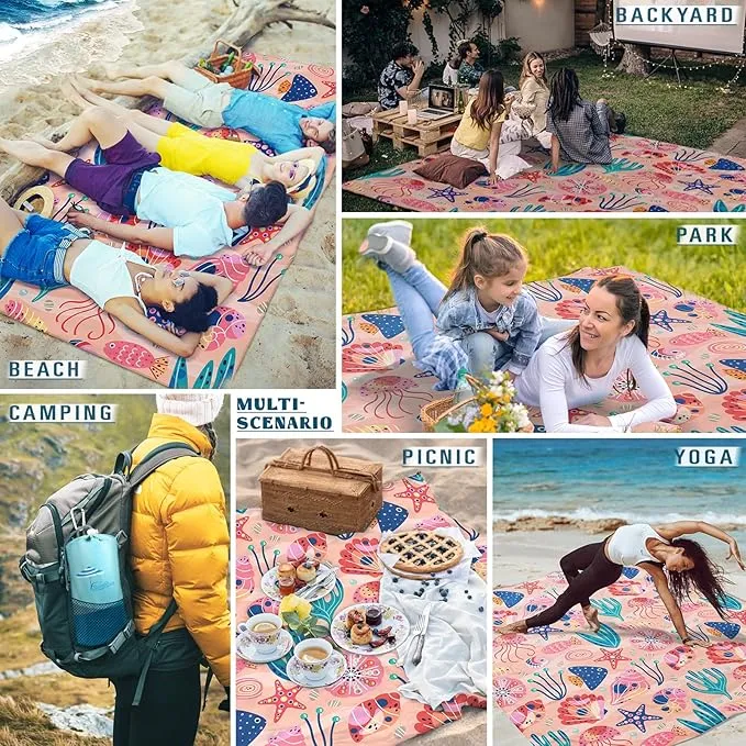 Beach Blanket Sandproof Waterproof 78''×110'' 1-7Adults Oversized,Compact Lightweight Durable Beach Mat for Travel Camping Hiking Picnic Blanket