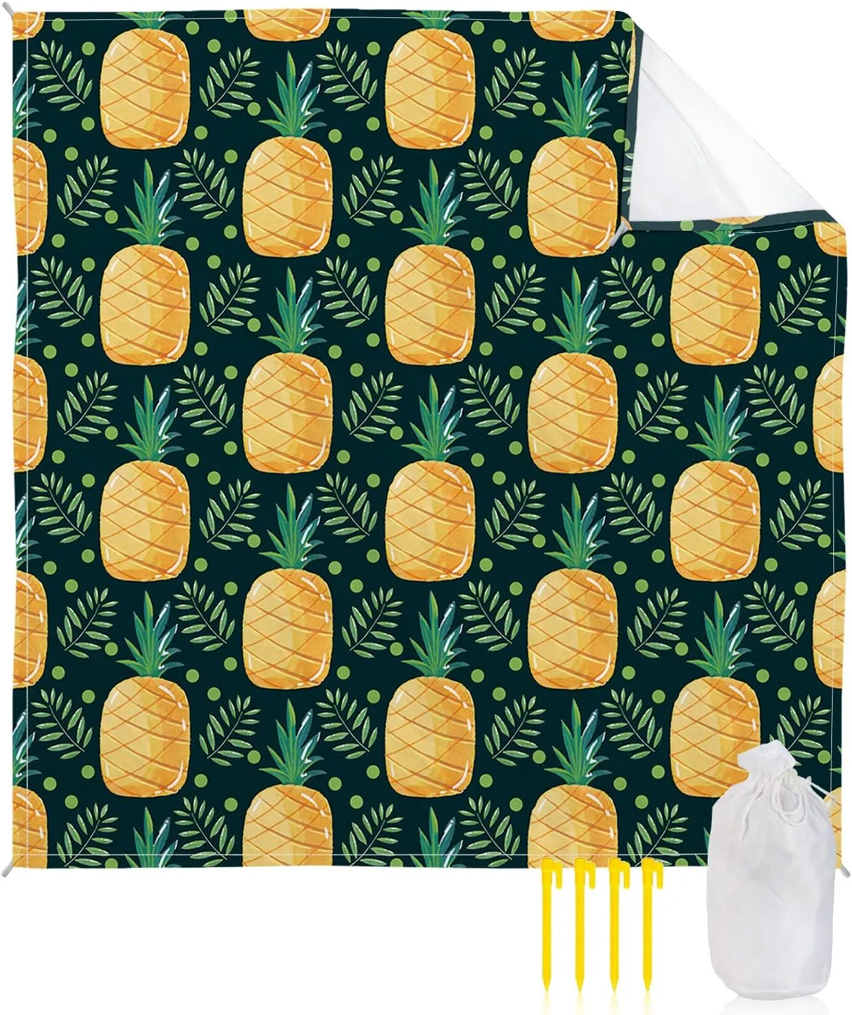 Beach Blanket Sandproof, Yellow Mature Pineapple Green Leaves Green Waterproof Beach Mat Lightweight Quick Drying Picnic Blanket Beach Essentials for Travel Camping Hiking 83x79in