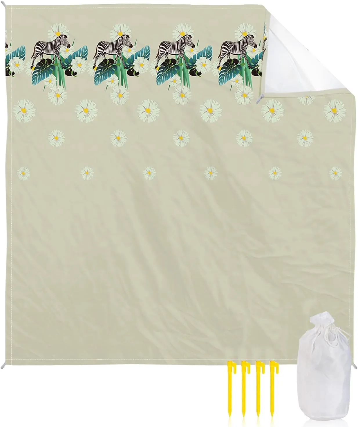 Beach Blanket Sandproof, Zebra Tropical Jungle Flowers Light Green Waterproof Beach Mat Lightweight Quick Drying Picnic Blanket Beach Essentials for Travel Camping Hiking 118x108in