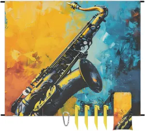 Beach Blanket, Saxophone Sandproof Beach Mat, Waterproof Quick Drying Sand Free Mat with 4 x Ground Spikes for Outdoor Travel Camping Hiking, Musical 68 x 59 in