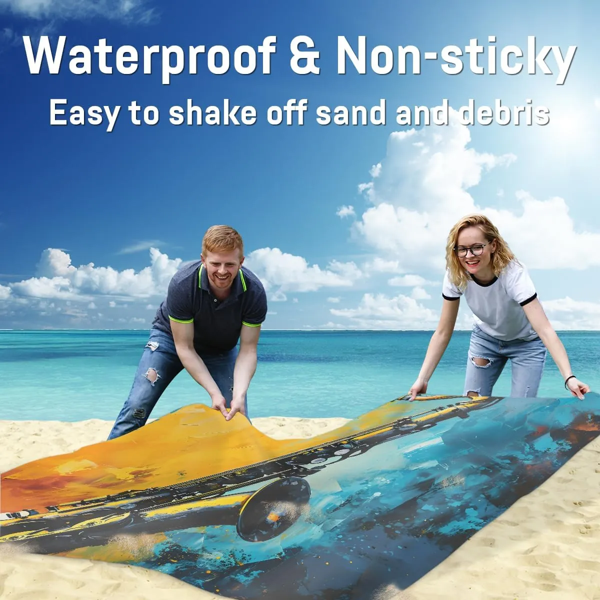 Beach Blanket, Saxophone Sandproof Beach Mat, Waterproof Quick Drying Sand Free Mat with 4 x Ground Spikes for Outdoor Travel Camping Hiking, Musical 68 x 59 in