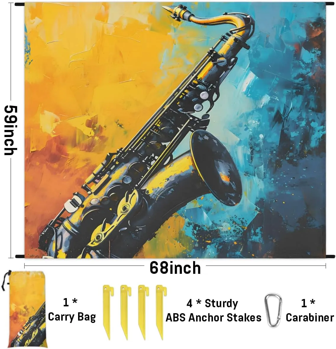Beach Blanket, Saxophone Sandproof Beach Mat, Waterproof Quick Drying Sand Free Mat with 4 x Ground Spikes for Outdoor Travel Camping Hiking, Musical 68 x 59 in