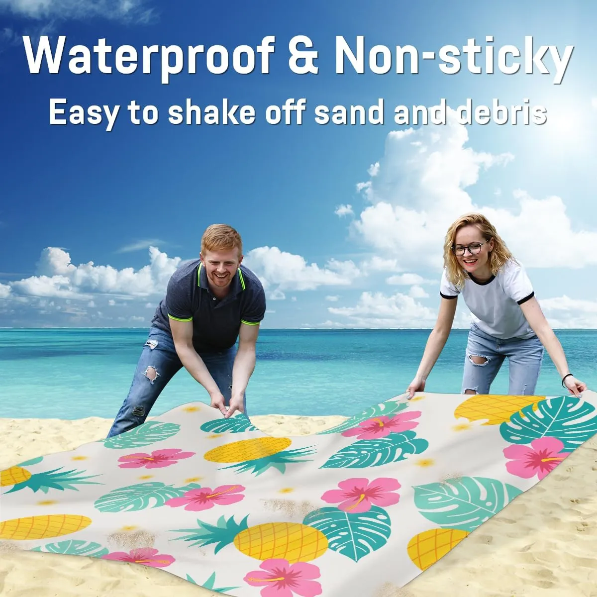 Beach Blanket, Tropical Pineapple Sandproof Beach Mat, Waterproof Quick Drying Sand Free Mat with 4 x Ground Spikes for Outdoor Travel Camping Hiking, Flowers Fruits 68 x 59 in