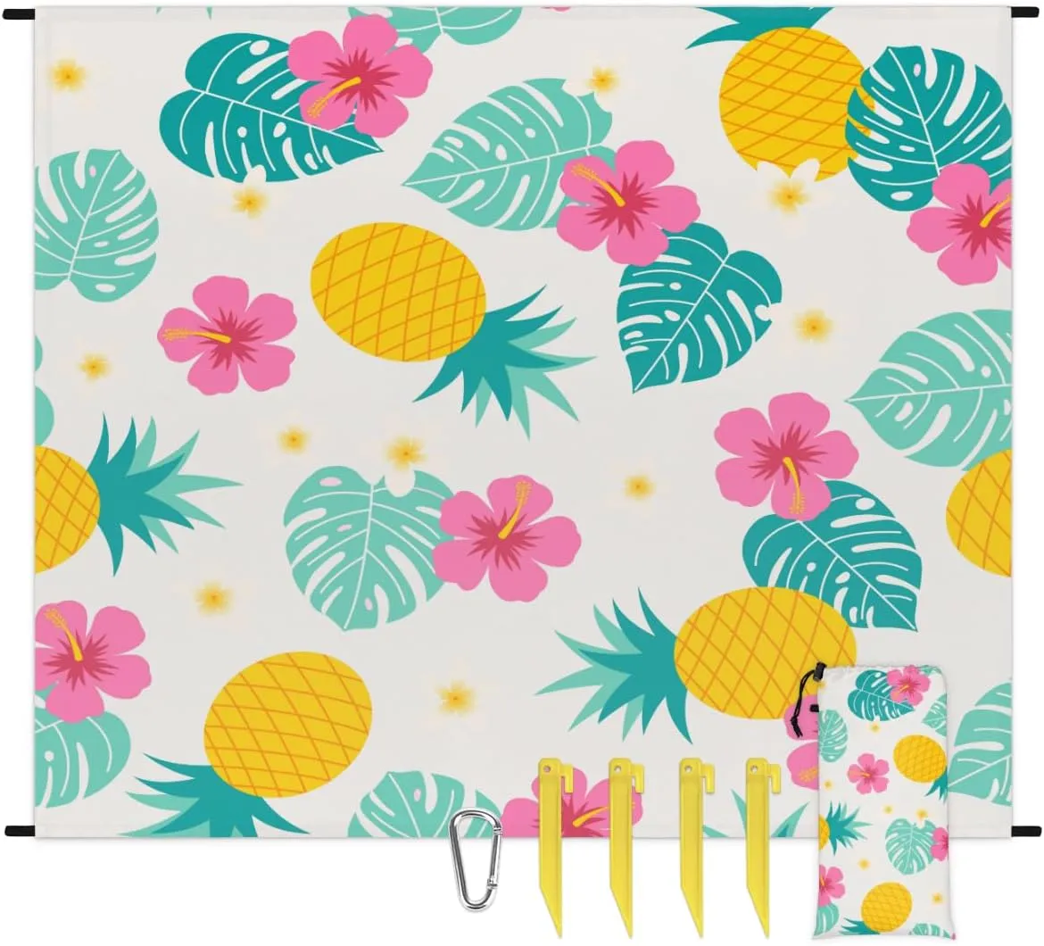 Beach Blanket, Tropical Pineapple Sandproof Beach Mat, Waterproof Quick Drying Sand Free Mat with 4 x Ground Spikes for Outdoor Travel Camping Hiking, Flowers Fruits 68 x 59 in