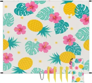 Beach Blanket, Tropical Pineapple Sandproof Beach Mat, Waterproof Quick Drying Sand Free Mat with 4 x Ground Spikes for Outdoor Travel Camping Hiking, Flowers Fruits 68 x 59 in