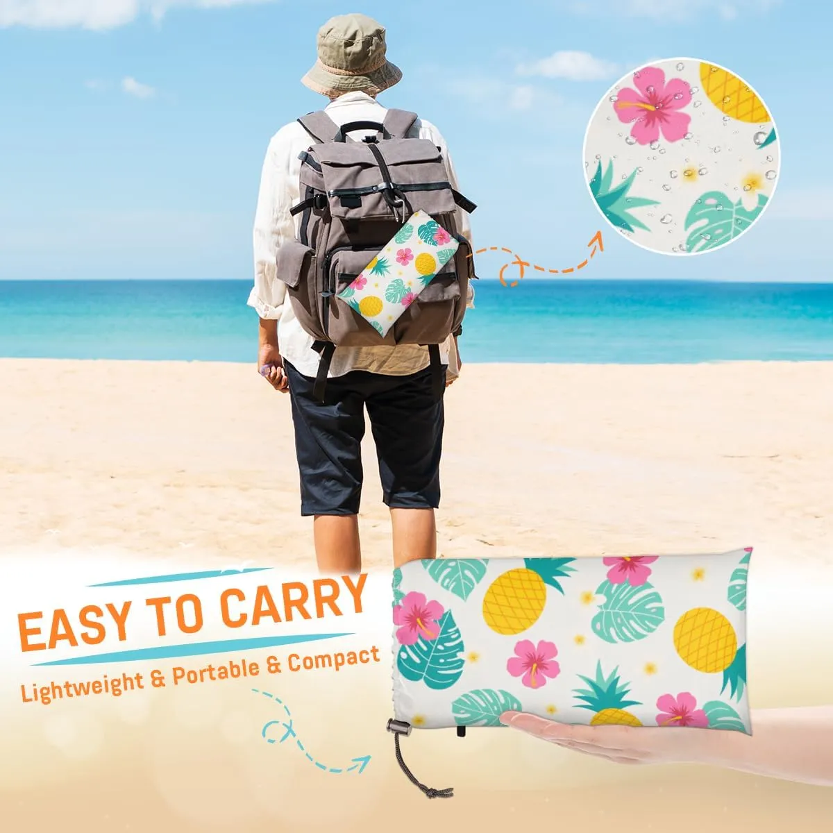 Beach Blanket, Tropical Pineapple Sandproof Beach Mat, Waterproof Quick Drying Sand Free Mat with 4 x Ground Spikes for Outdoor Travel Camping Hiking, Flowers Fruits 68 x 59 in