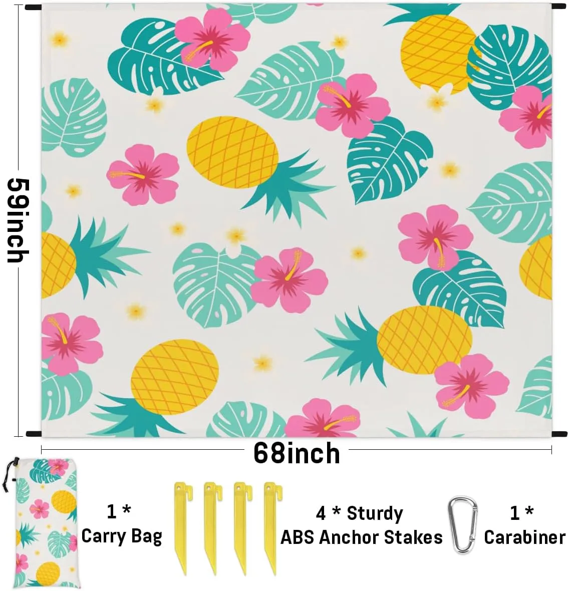 Beach Blanket, Tropical Pineapple Sandproof Beach Mat, Waterproof Quick Drying Sand Free Mat with 4 x Ground Spikes for Outdoor Travel Camping Hiking, Flowers Fruits 68 x 59 in