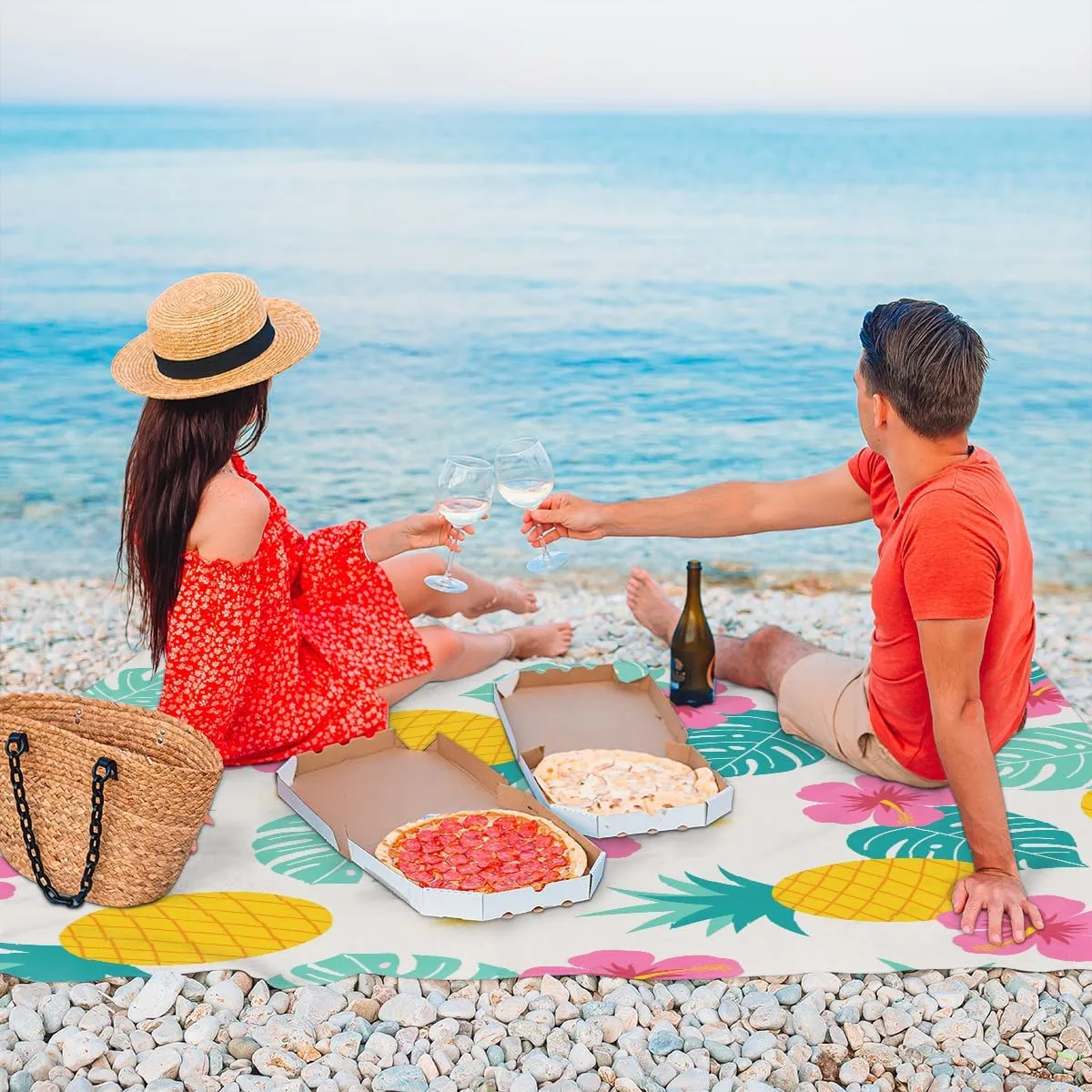 Beach Blanket, Tropical Pineapple Sandproof Beach Mat, Waterproof Quick Drying Sand Free Mat with 4 x Ground Spikes for Outdoor Travel Camping Hiking, Flowers Fruits 68 x 59 in