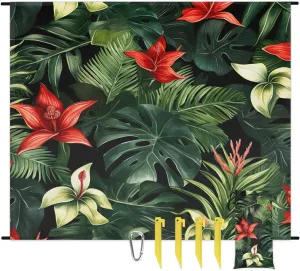 Beach Blanket, Tropical Plants Sandproof Beach Mat, Waterproof Quick Drying Sand Free Mat with 4 x Ground Spikes for Outdoor Travel Camping Hiking, Summer Palm Leaves 68 x 59 in