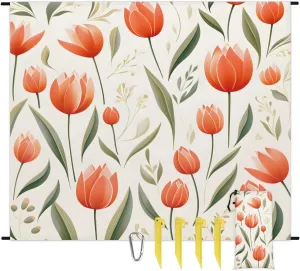 Beach Blanket, Tulips Floral Sandproof Beach Mat, Waterproof Quick Drying Sand Free Mat with 4 x Ground Spikes for Outdoor Travel Camping Hiking, Colorful Tulip Flowers 68 x 59 in