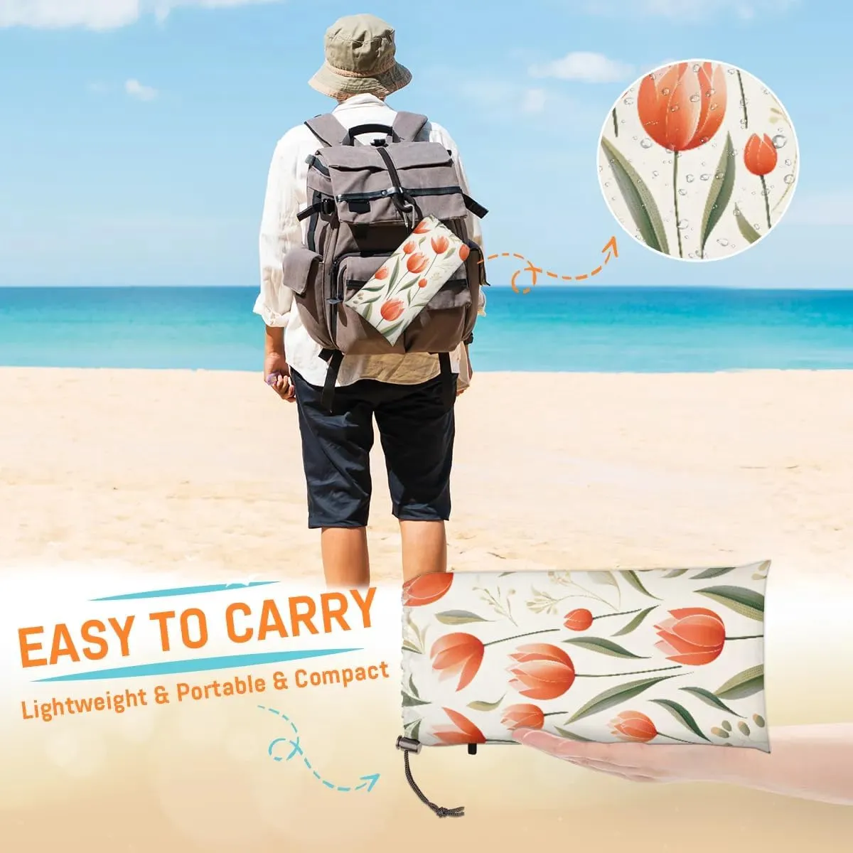 Beach Blanket, Tulips Floral Sandproof Beach Mat, Waterproof Quick Drying Sand Free Mat with 4 x Ground Spikes for Outdoor Travel Camping Hiking, Colorful Tulip Flowers 68 x 59 in