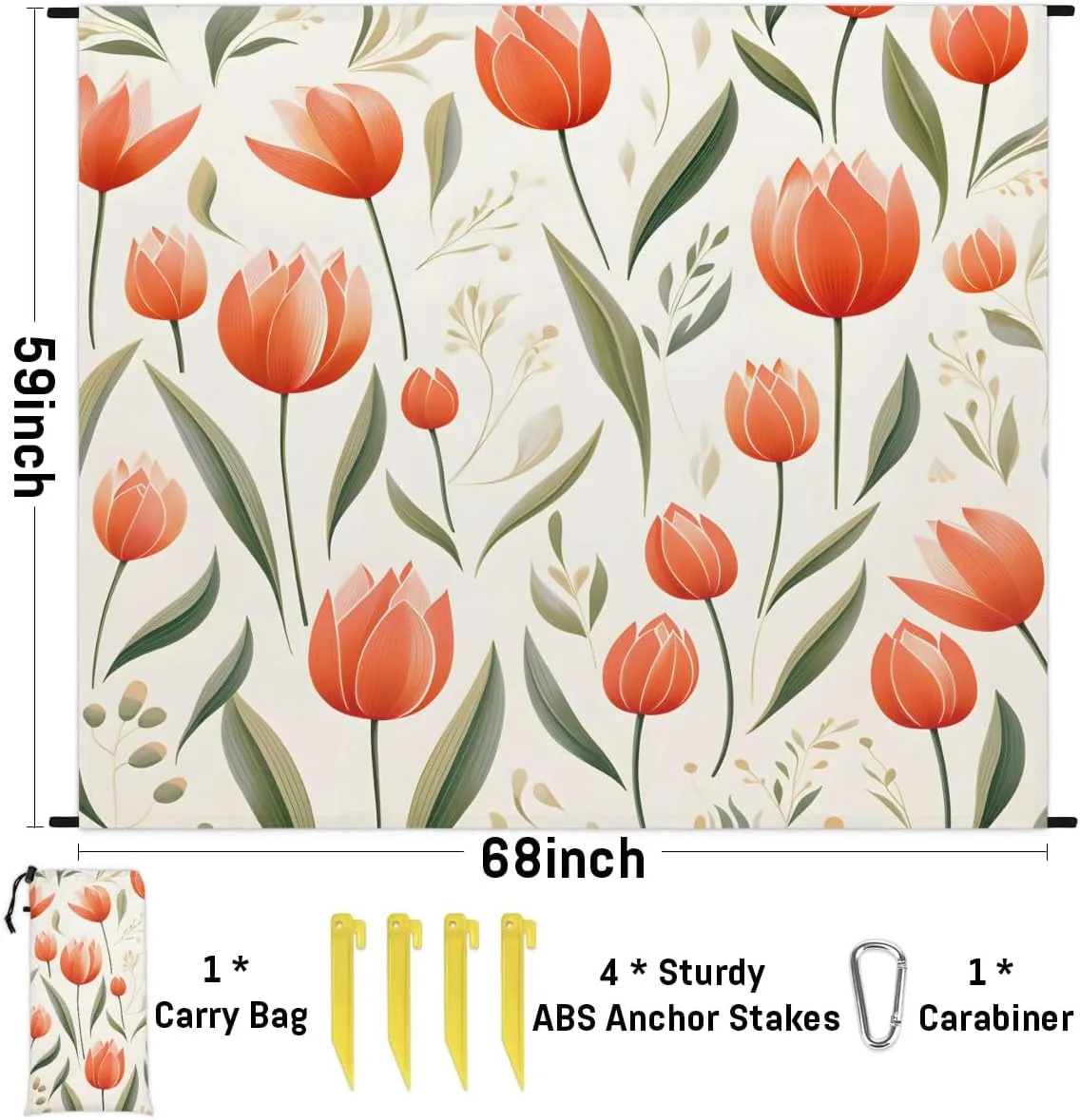 Beach Blanket, Tulips Floral Sandproof Beach Mat, Waterproof Quick Drying Sand Free Mat with 4 x Ground Spikes for Outdoor Travel Camping Hiking, Colorful Tulip Flowers 68 x 59 in