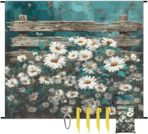 Beach Blanket, Vintage Daisies Sandproof Beach Mat, Waterproof Quick Drying Sand Free Mat with 4 x Ground Spikes for Outdoor Travel Camping Hiking, Wildflowers 68 x 59 in