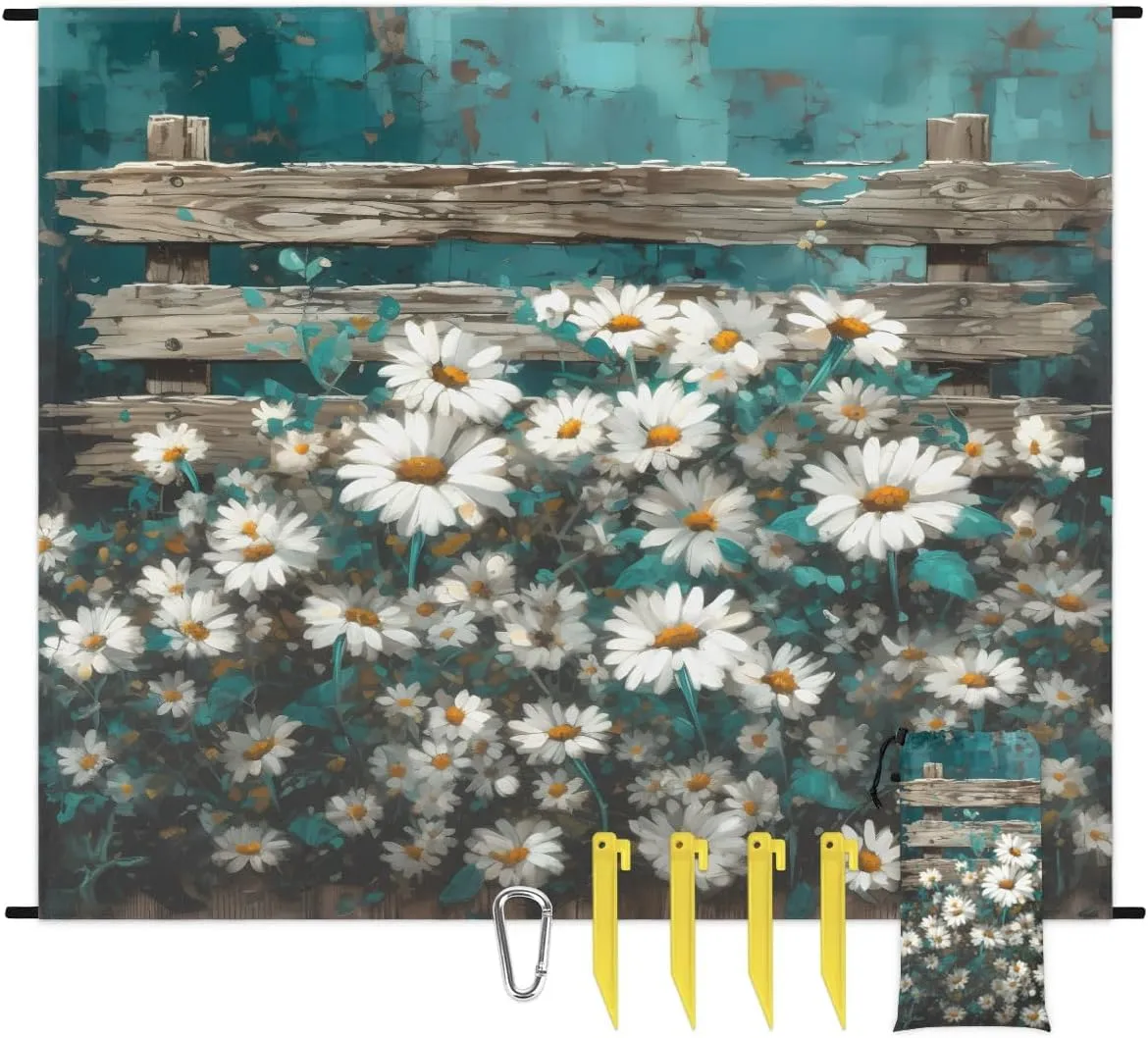 Beach Blanket, Vintage Daisies Sandproof Beach Mat, Waterproof Quick Drying Sand Free Mat with 4 x Ground Spikes for Outdoor Travel Camping Hiking, Wildflowers 68 x 59 in