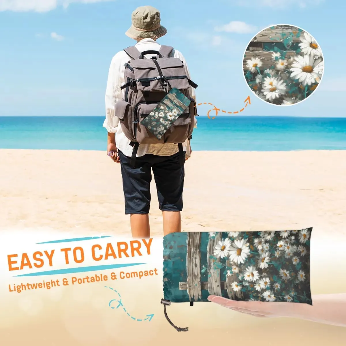 Beach Blanket, Vintage Daisies Sandproof Beach Mat, Waterproof Quick Drying Sand Free Mat with 4 x Ground Spikes for Outdoor Travel Camping Hiking, Wildflowers 68 x 59 in