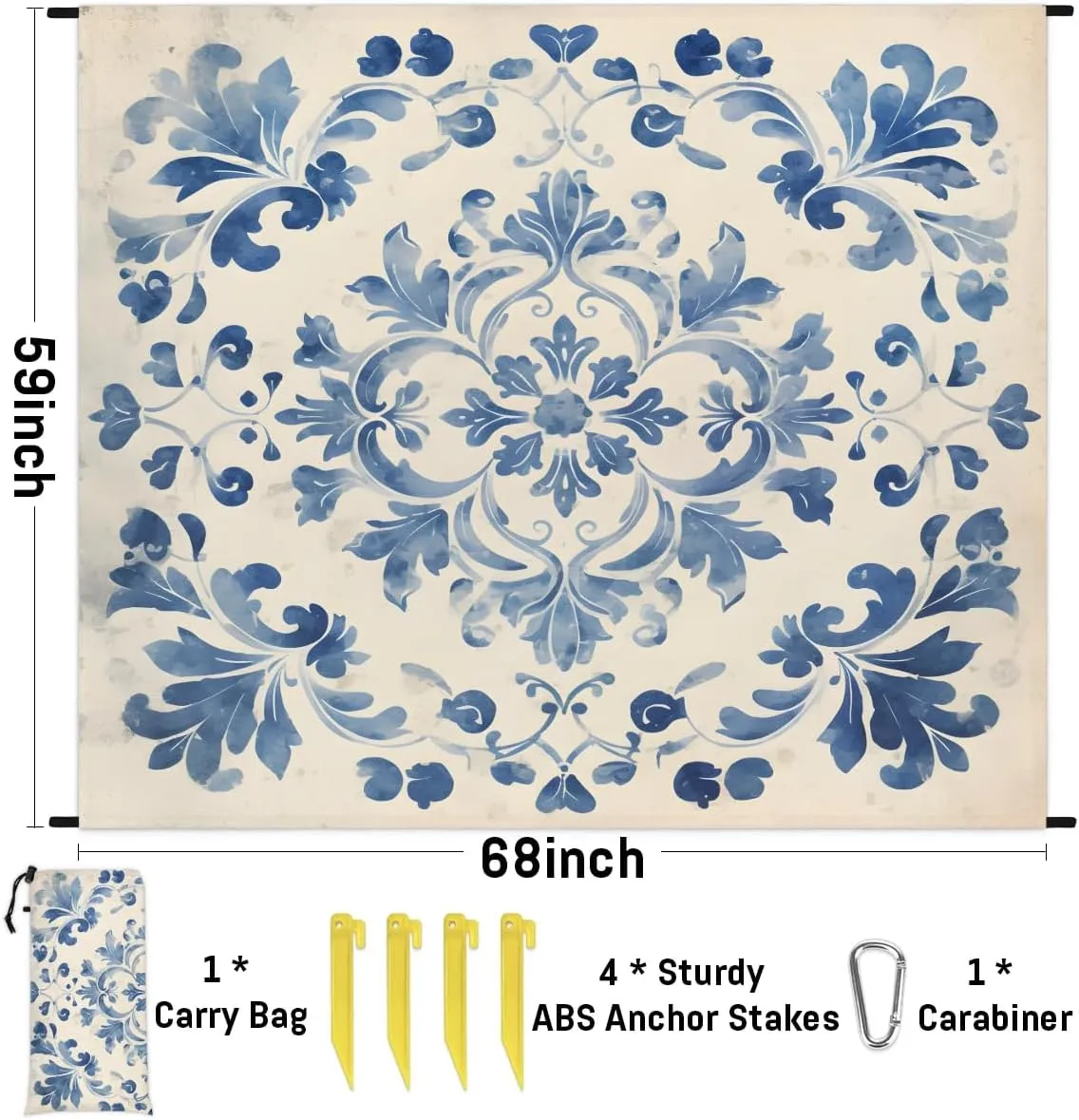 Beach Blanket, Vintage Flowers Sandproof Beach Mat, Waterproof Quick Drying Sand Free Mat with 4 x Ground Spikes for Outdoor Travel Camping Hiking, Boho 68 x 59 in