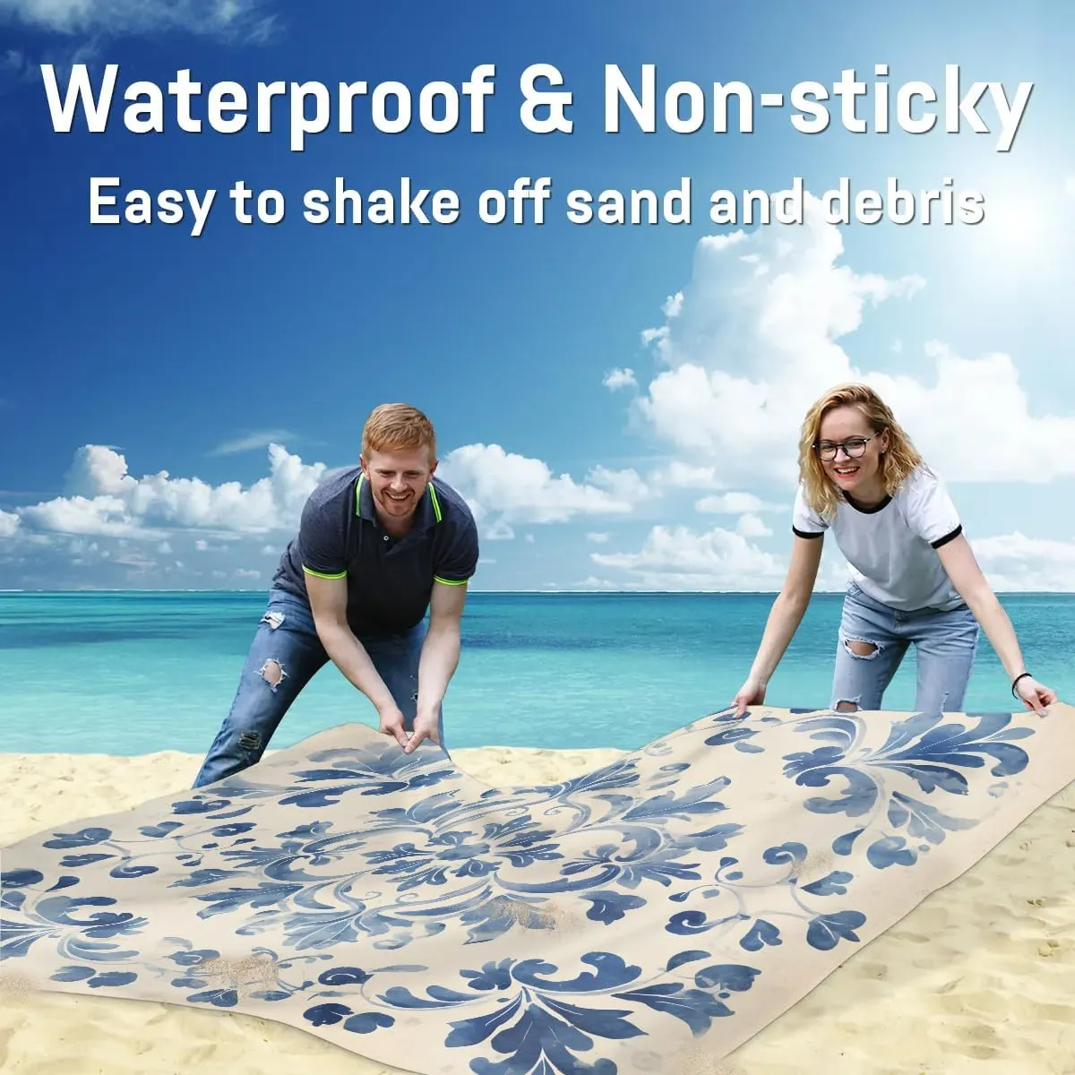 Beach Blanket, Vintage Flowers Sandproof Beach Mat, Waterproof Quick Drying Sand Free Mat with 4 x Ground Spikes for Outdoor Travel Camping Hiking, Boho 68 x 59 in