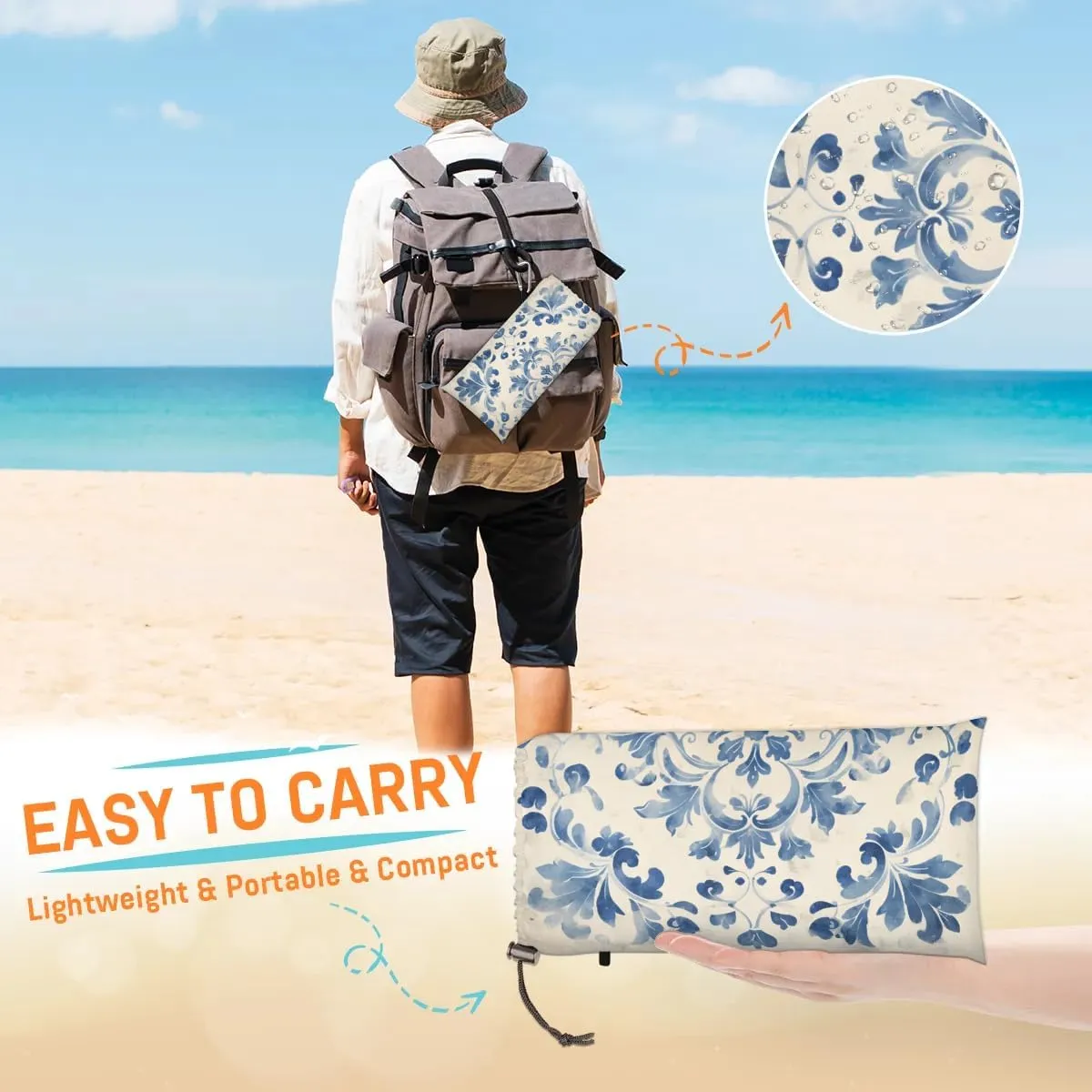 Beach Blanket, Vintage Flowers Sandproof Beach Mat, Waterproof Quick Drying Sand Free Mat with 4 x Ground Spikes for Outdoor Travel Camping Hiking, Boho 68 x 59 in
