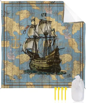 Beach Blanket, Vintage World Map Retro Nautical Sailboat Wood Grain Beach Mat 95"x80" Large Picnic Blanket,Sandproof Waterproof Outdoor Beach Blankets for Travel Camping Hiking Beach Vacation
