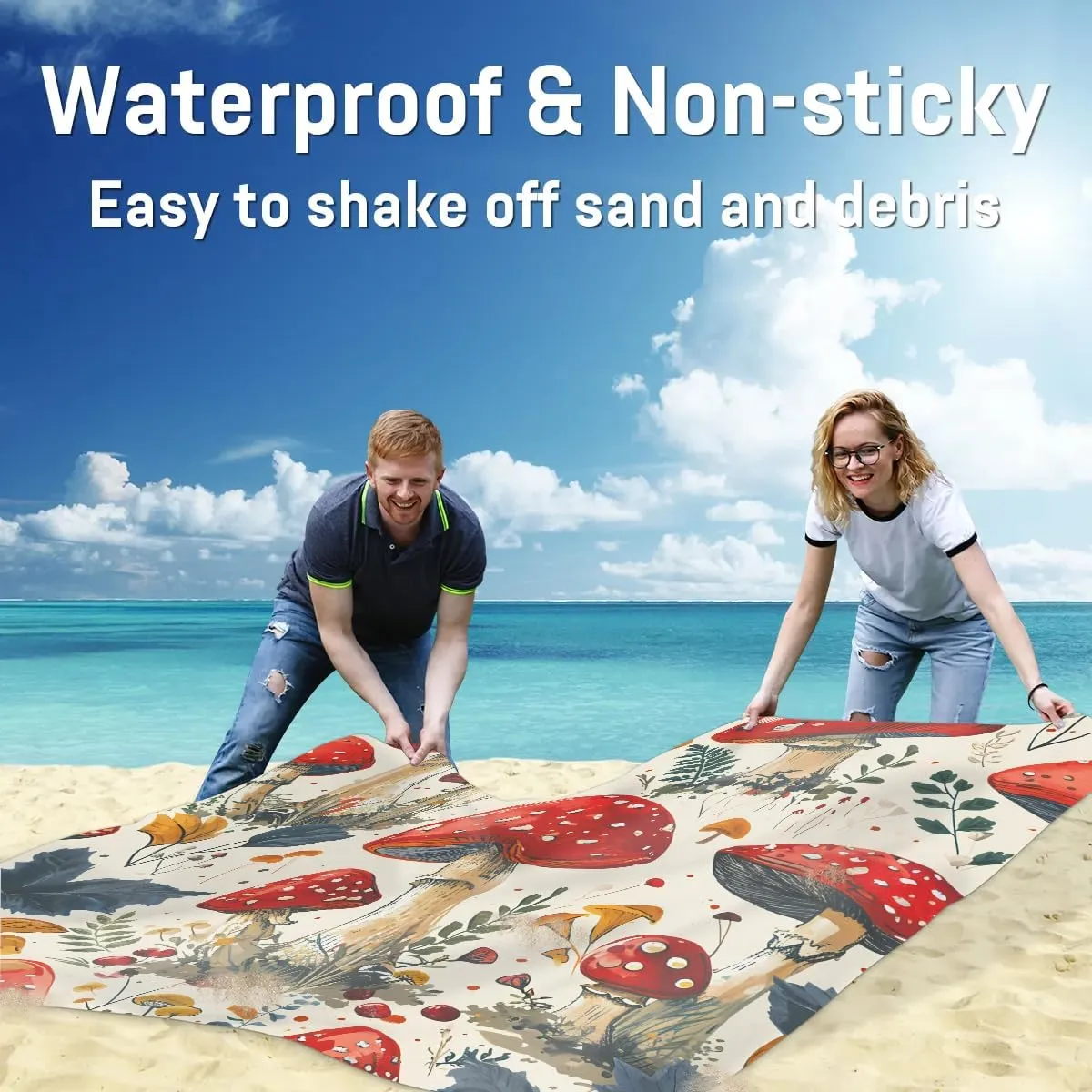 Beach Blanket, Watercolor Mushroom Sandproof Beach Mat, Waterproof Quick Drying Sand Free Mat with 4 x Ground Spikes for Outdoor Travel Camping Hiking, Wildflowers 68 x 59 in